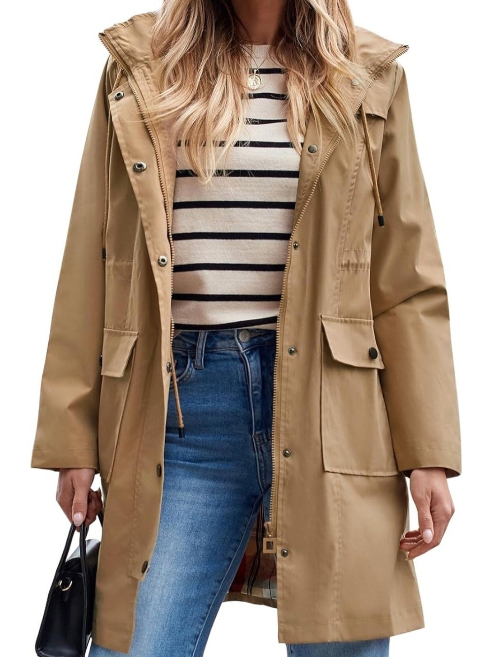 Women’s Tan Hooded Trench Rain Jacket